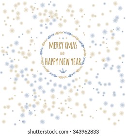 Merry Christmas and Happy New Year background with snowflakes and Christmas wreath. New Year 2016 typography design. Template for New Year 2016 greeting cards, invitations, scrap booking stickers.