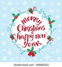 Merry Christmas and Happy New Year illustration on blue background with snow flakes