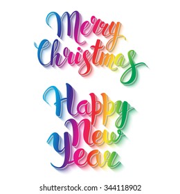 Merry Christmas and Happy New Year Header. Shining bright background. Lights. Calligraphy.  Lettering. 