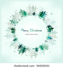 Merry Christmas and Happy New Year Greeting Card with fir trees. Round frame. Snowy forest. Vector imitation of watercolor texture. Place for text.