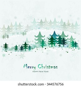 Merry Christmas and Happy New Year Greeting Card with fir trees. Winter landscape. Snowy forest. Vector imitation of watercolor texture. Place for text.