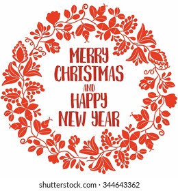 Merry Christmas and Happy New Year red card with wreath on white background