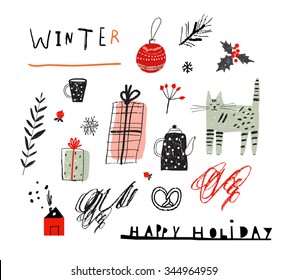 Merry Christmas and Happy New Year decorative set. Hand drawn holiday elements. Vector. Isolated.  