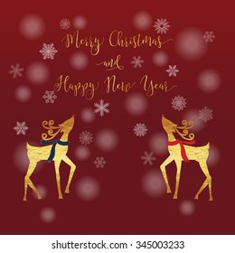 Merry Christmas and Happy New Year reindeer card with gold shiny colors and snowflake, snowfall and red gradient background.