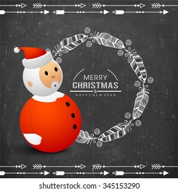 Merry Christmas and Happy New Year celebration with cute Santa Claus and floral decorated feathers on chalkboard background.