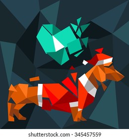 merry christmas and happy new year heart  dachshund dog geometric background