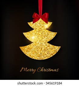 Merry Christmas and Happy New Year background. Golden glitter Christmas tree with red bow. Festive banner. Greeting card. Vector illustration
