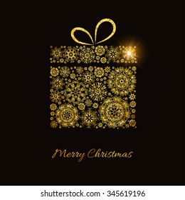 Merry Christmas and Happy New Year background. Golden glitter snowflakes on black background. Festive banner. Elegant Greeting card. Vector illustration
