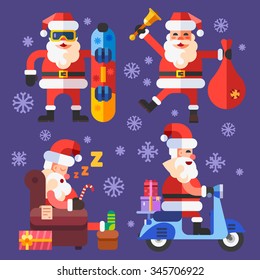 Merry Christmas and Happy New Year postcard! Different funny Santa Clauses isolated: Snowboard Santa, Happy Santa with carol bell, Sleeping Santa, Santa on Scooter. Flat Vector Illustration set.