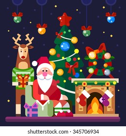 Merry Christmas and Happy New Year post card! Xmas characters and stuff: Santa Claus sitting in cozy armchair, Deer with gift box. Xmas Tree, fireplace, xmas wreath.  Flat vector illustration set.