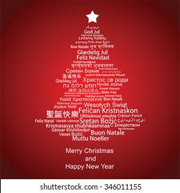 Merry Christmas and Happy New Year word Tag Cloud shaped as a tree, Blank Greeting Card with text