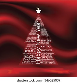 Merry Christmas and Happy New Year word tag cloud shaped as a tree, Red Greeting Card with text