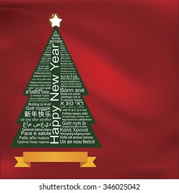 Merry Christmas and Happy New Year word tag cloud shaped as a tree, Blank Greeting Card with ribbon