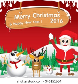 Merry Christmas and Happy New Year. Santa Claus and reindeer on snow. The Christmas tree and snow on red background.