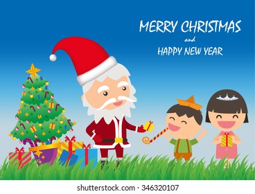 Merry Christmas and happy new year gift card , have Santa Claus , gift box, Christmas tree and children