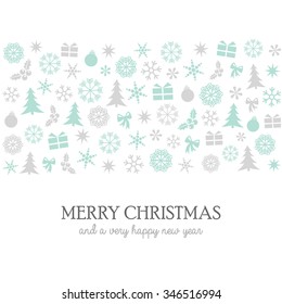Merry Christmas and Happy New Year design in grey and mint green. Festive pattern composed of Christmas inspired shapes and silhouettes.