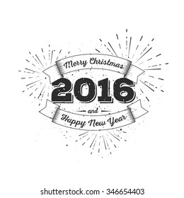 Merry Christmas and Happy New Year 2016 Typography Monochrome Composition. Holiday Vector Illustration with fireworks. Template for poster, banner, shop decoration.