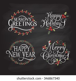 Merry Christmas & Happy New Year, Greeting card. Lettering celebration logo set. Typography for winter holidays. Calligraphic poster on blurred textured background. Postcard motive