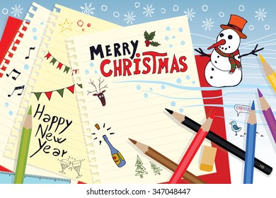 Merry Christmas and Happy New Year doodle card. Isolated hand drawn vector illustration on note papers in flat design style