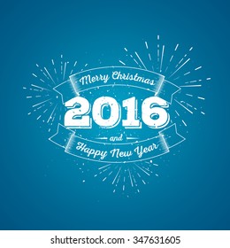 Merry Christmas and Happy New Year 2016 Typography Composition on Blue Background. Holiday Vector Illustration with fireworks. Template for poster, banner, shop decoration.