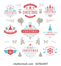 Merry Christmas And Happy New Year Wishes Typographic Labels and Badges set, Vintage decorations, objects, symbols and elements, vector illustration