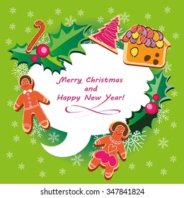 Merry Christmas and Happy New Year - vector Christmas card with speech bubble as frame, Christmas tree, cookies, gingerbread man, holly berry leaves. On green background with snowflakes. Eps 10.