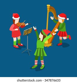 Merry Christmas Happy New Year flat 3d isometry isometric web concept. Classic musical instruments troll costume group girl children vector icon. Harp violin singer. Creative winter holiday collection