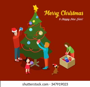 Merry Christmas Happy New Year flat 3d isometry isometric concept web infographics vector leaflet flyer card postcard template. Spruced fir tree family decoration. Creative winter holiday collection.