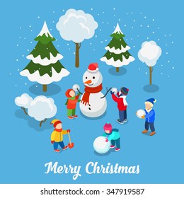 Merry Christmas Happy New Year flat 3d isometry isometric concept web infographics vector leaflet flyer card postcard template. Children play snowball outdoor with snowman. Creative winter holiday.