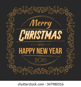 Merry Christmas and Happy New Year Card. Retro Typography Style with Swirls. Vector Illustration.