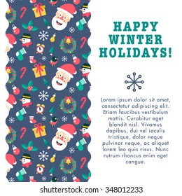 Merry christmas and happy new year greeting card with set of holidays symbols. Vector illustration.