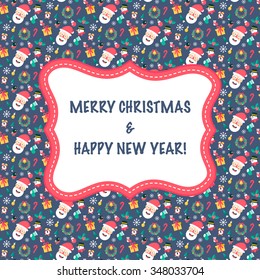 Merry christmas and happy new year greeting card with set of holidays symbols. Vector illustration.