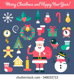 Merry christmas and happy new year winter set. Fully editable vector illustrations and icons.