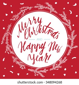 Merry Christmas And Happy New Year vintage frame postcard, background with hand written typography and hand drawn wreath.