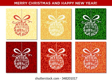 Merry christmas and happy new year. Set of typographical greeting cards with Christmas balls. Element for design