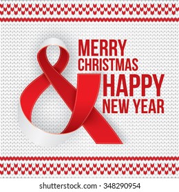 Merry Christmas and Happy New Year card. Photorealistic white ribbon in the shape of Ampersand, the AND Symbol on red knitted background