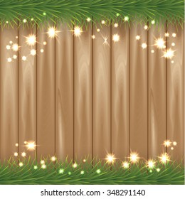 Merry Christmas and Happy New Year design. Xmas greeting with christmas tree, star-shaped golden confetti and star-lights on wooden background. Vector illustration, eps10.