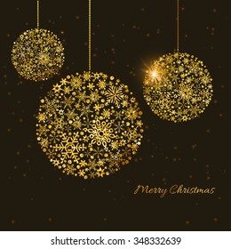 Merry Christmas and Happy New Year background. Golden glitter snowflake Christmas balls on black background. Festive banner. Elegant Greeting card. Vector illustration
