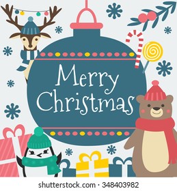 Merry Christmas and Happy New year animals vector poster with Bear, Reindeer, Penguin. Cartoon holiday illustration. Can be used for invitation, card, poster, banner.