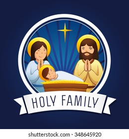 Merry Christmas, A Happy New Year religious greetings. Celebrating congratulating decorative traditional blue card with praying Holy Family of Joseph and Mother Mary, or snow globe idea.