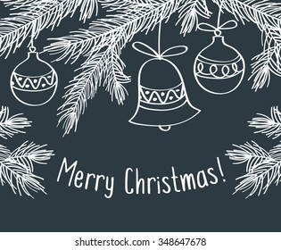 Merry Christmas. Happy New Year 2016. Template for Greeting Congratulations, Invitations. Winter background with pine branches with bell. Hand drawing with chalk on a blackboard. Vector illustration.