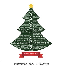 Merry Christmas And Happy New Year Text  Word Tag Cloud Shaped As A Tree. Isolated On White