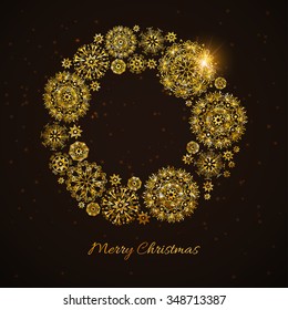 Merry Christmas and Happy New Year background. Golden glitter snowflakes on black background. Festive banner. Elegant Greeting card. Vector illustration
