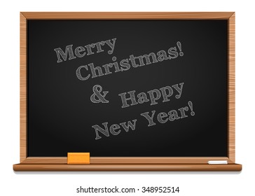 Merry Christmas and Happy New Year. Christmas greetings written on the blackboard. Vector illustration.