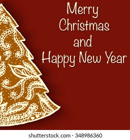 Merry Christmas and a Happy New Year greeting card. Hand drawn ornamental Christmas tree. Vector hand drawn doodle style. 