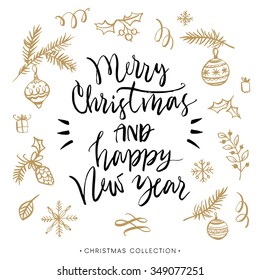 Merry Christmas and Happy New Year. Christmas greeting card with calligraphy. Handwritten modern brush lettering. Hand drawn design elements.