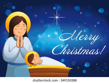 Merry Christmas, A Happy New Year religious greetings. Celebrating congratulating decorative traditional blue card with praying Mother Mary. Baby Jesus sleeps in the manger vector image.