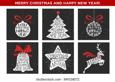 Merry Christmas and Happy New Year. Set of holidays cards with christmas tree, reindeer, Christmas ball, bell and star. Typographic inscription. Christmas design elements