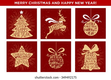 Merry Christmas and Happy New Year. Set of holidays cards with christmas tree, reindeer, Christmas ball, bell and star. Typographic inscription. Christmas design elements