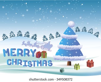 Merry Christmas and Happy new year on a winter landscape with gift box vector illustration